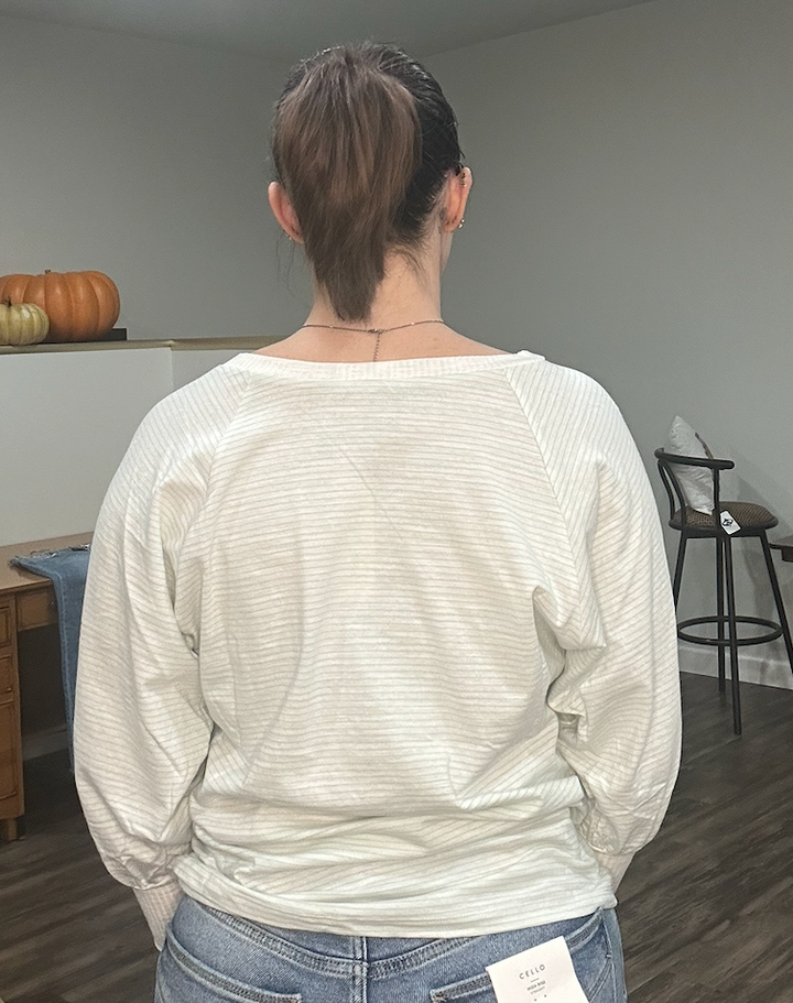 Relaxed Soft Stripe V-Neck Balloon Sleeve Knit Top