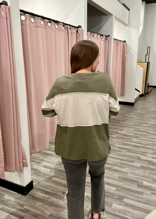 Olive Colorblock Raw Edge Knit Top