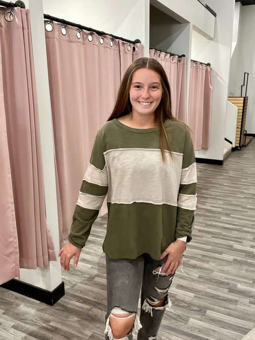 Olive Colorblock Raw Edge Knit Top
