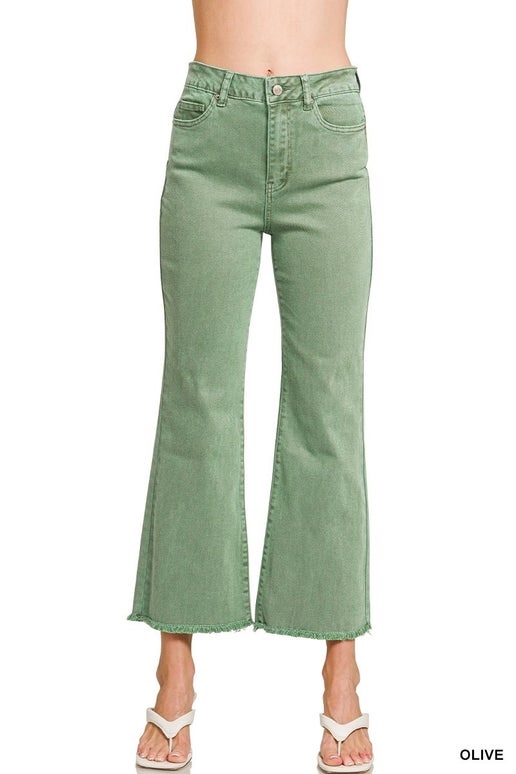 Olive Acid Washed Fayed hem Bootcut Jeans