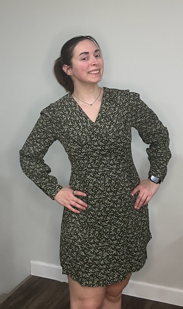 Olive Floral Long Sleeve V-Neck Mini Dress