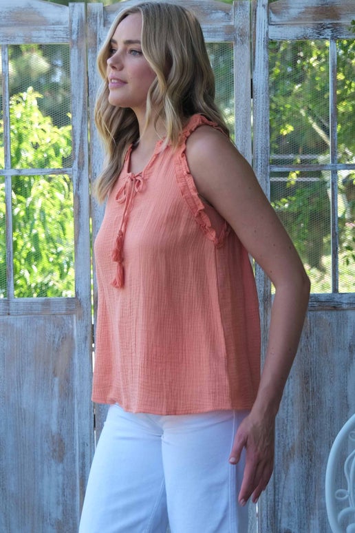 Burnt Orange gauze fabric sleeveless blouse
