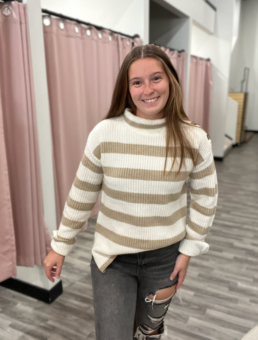 Button Detail Turtle Neck Striped Sweater