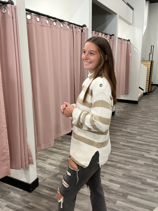 Button Detail Turtle Neck Striped Sweater