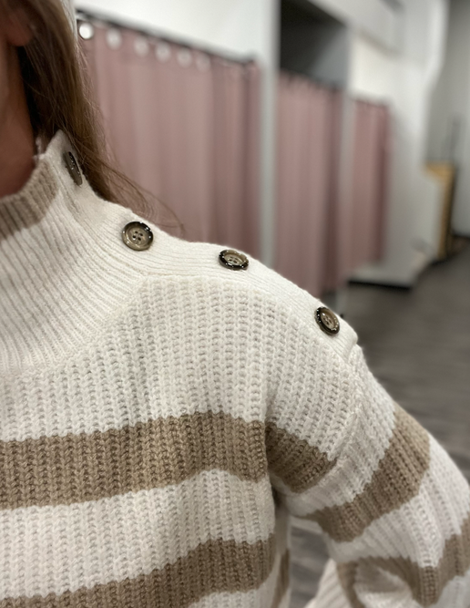 Button Detail Turtle Neck Striped Sweater