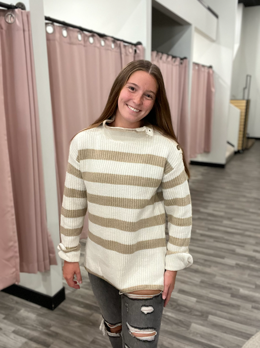 Button Detail Turtle Neck Striped Sweater