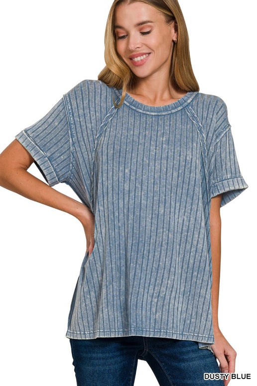 Acid Washed Ribbed Boat Neck Top