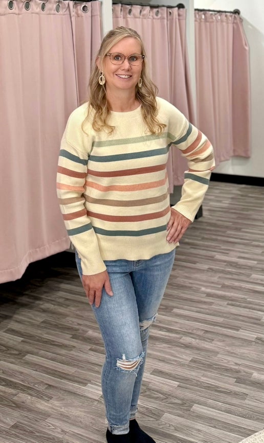 Cream-Sage-Pink Striped Split Hem Sweater