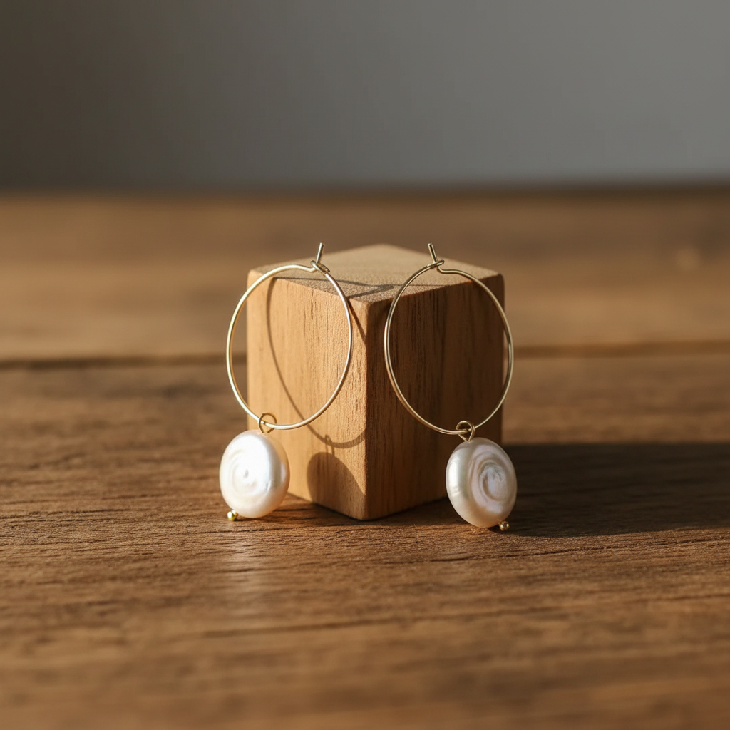 Gold hoop earrings with baroque pearl drops propped on a wooden table