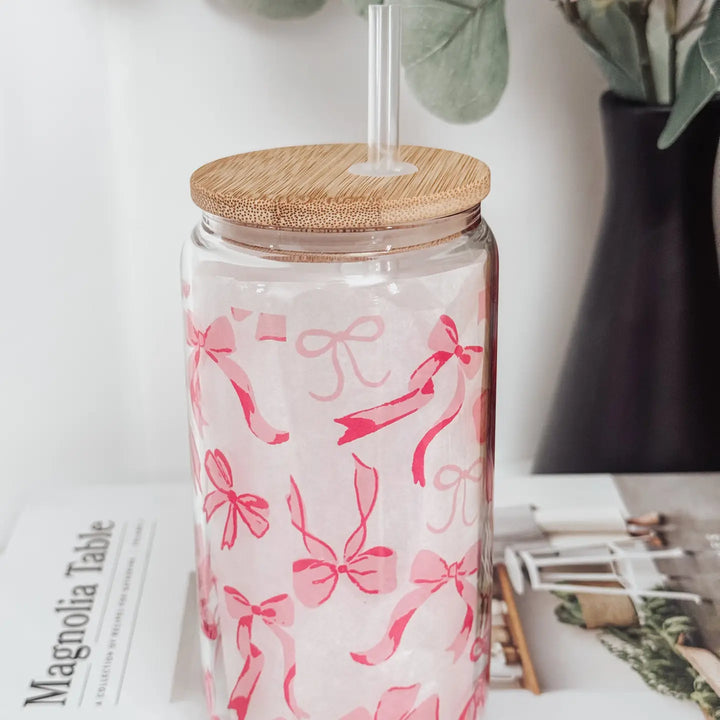 Pink Bows 16 oz Glass Cup with Bamboo Lid