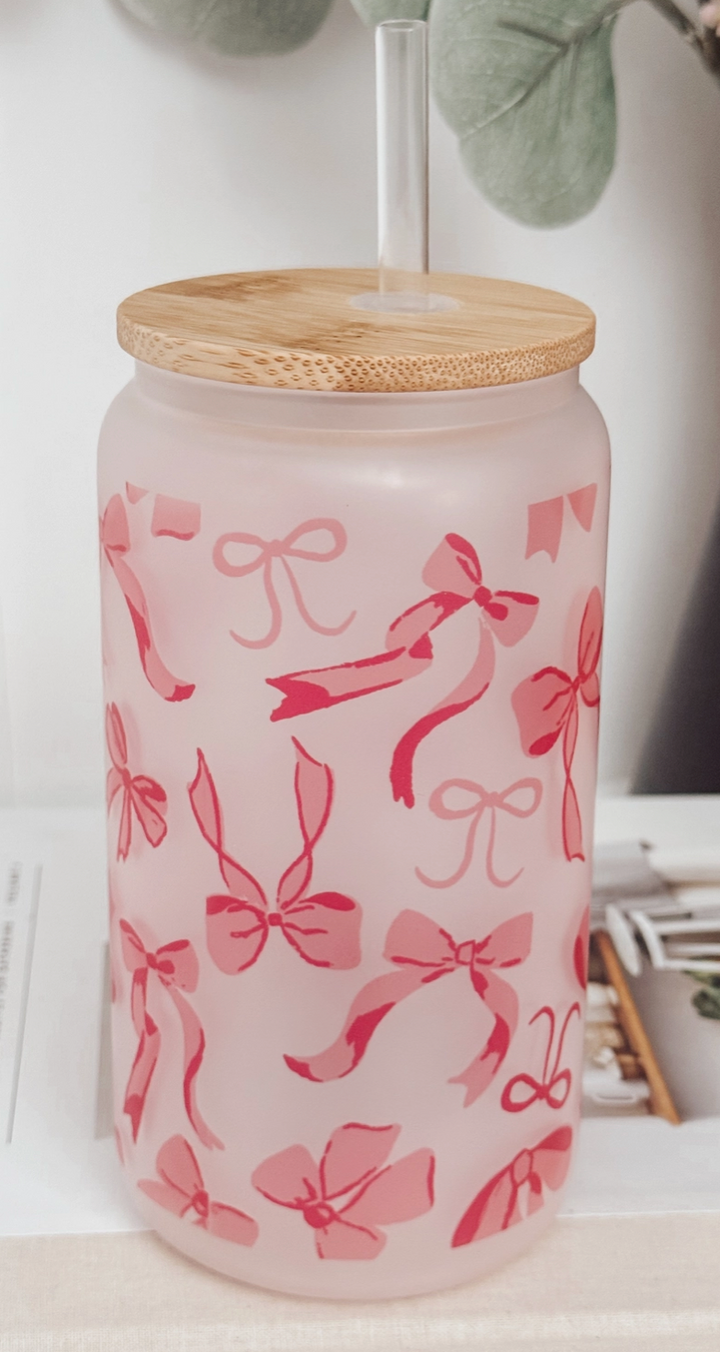 Pink Bows 16 oz Glass Cup with Bamboo Lid