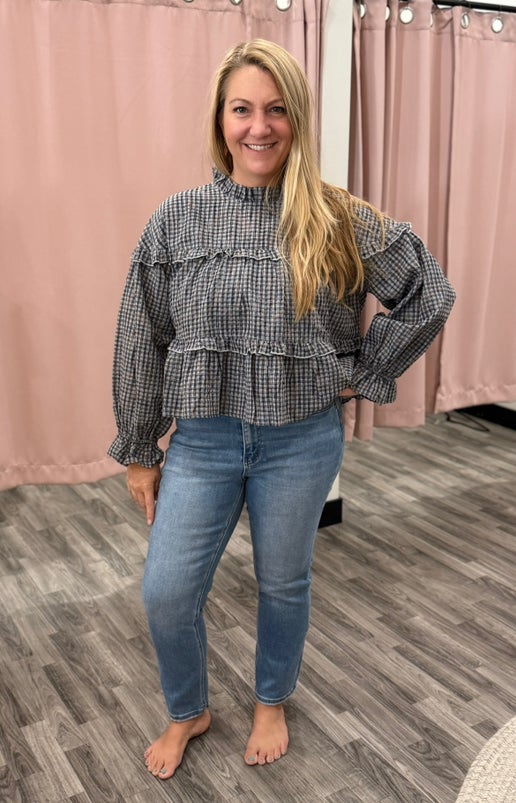 Ruffled Plaid Print Oversized Blouse