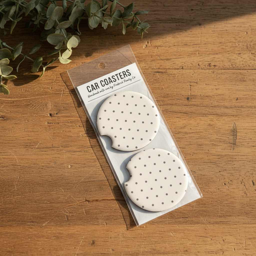 Polka Dot Car Coasters on warm wood