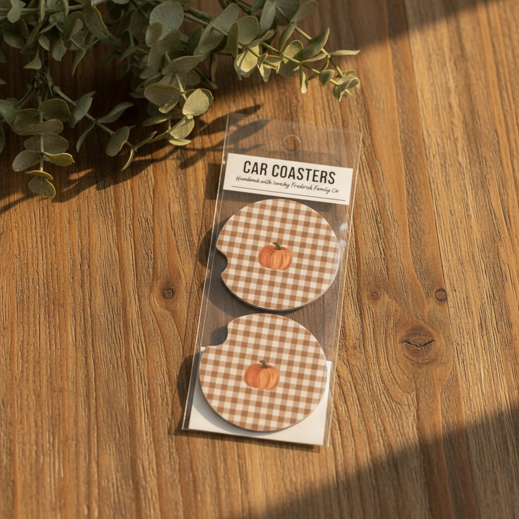 Pumpkin Plaid Car Coasters on warm wood