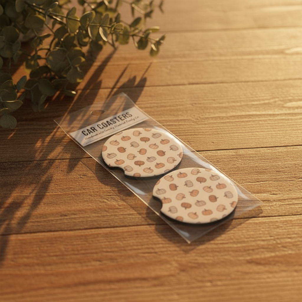Pumpkin Print Car Coasters on warm wood