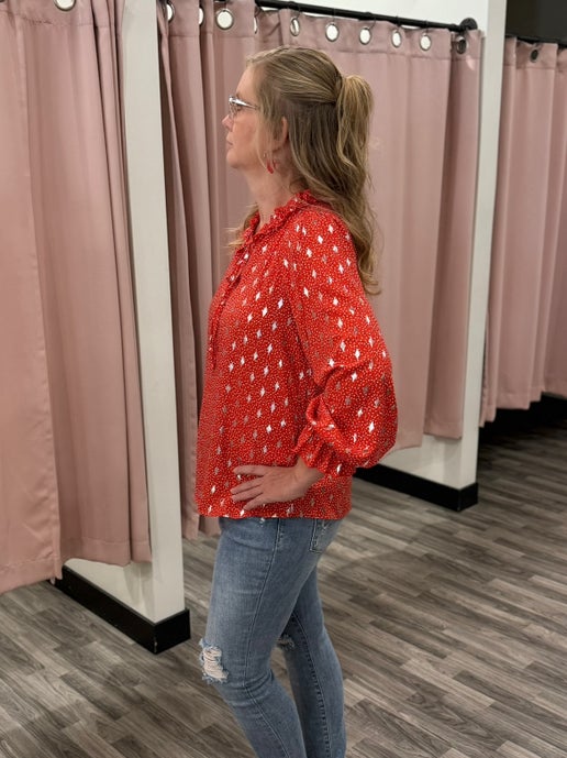 Red Foil Print Front Tie Blouse