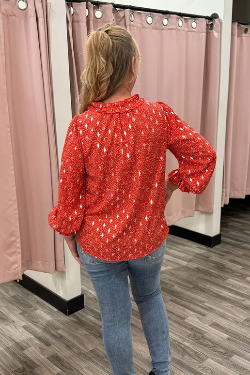 Red Foil Print Front Tie Blouse