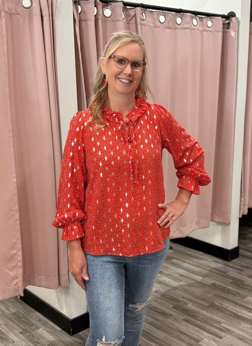 Red Foil Print Front Tie Blouse