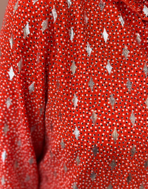 Red Foil Print Front Tie Blouse