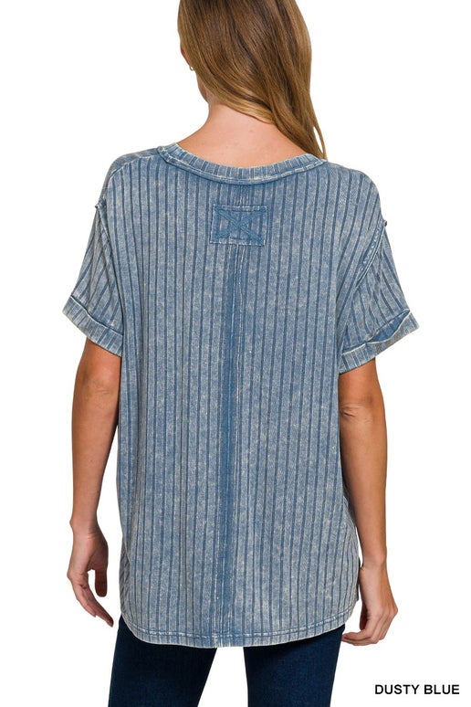 Acid Washed Ribbed Boat Neck Top