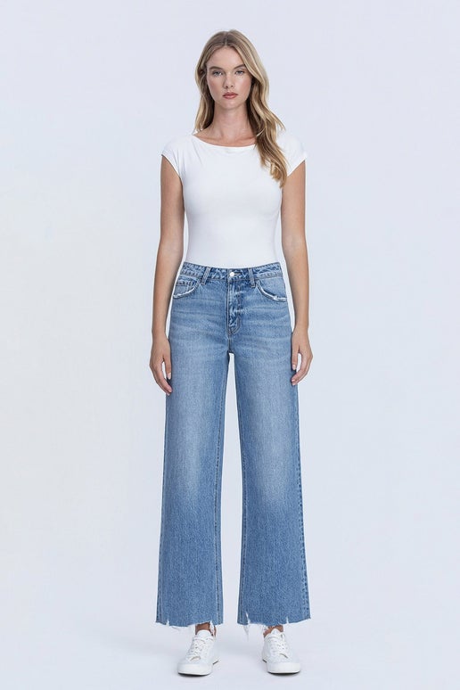High Rise Clean Cut Hem Wide Leg Jeans