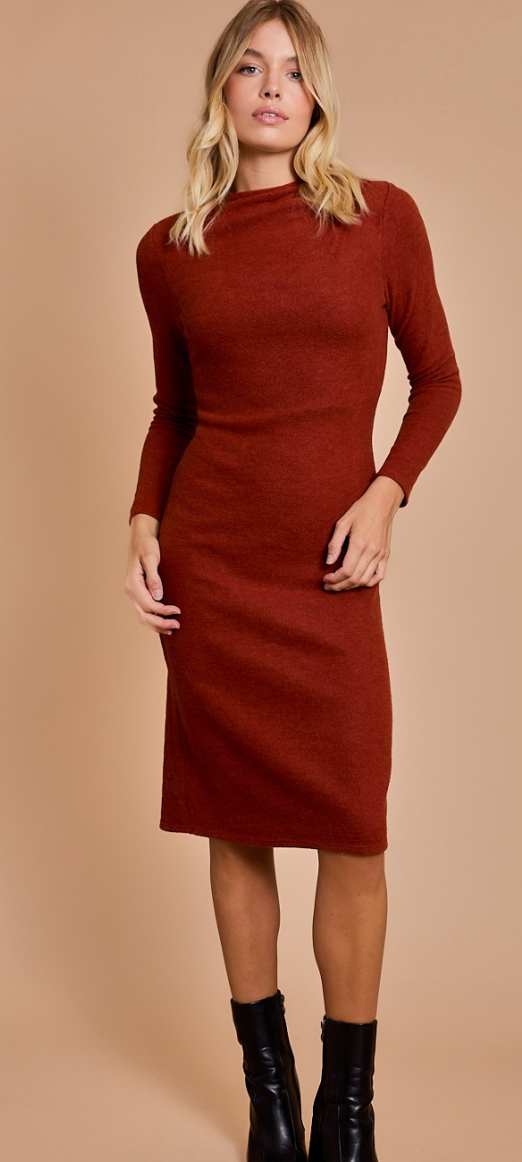 Mock Neck Shoulder Shirring Detail Midi Dress