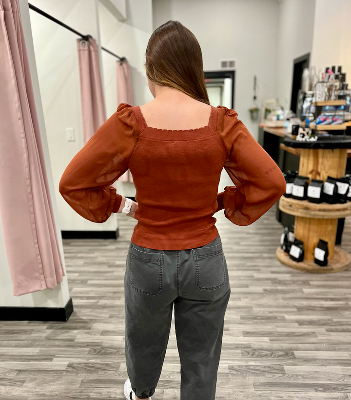 Scallop Neck Chiffon Sleeve Sweater