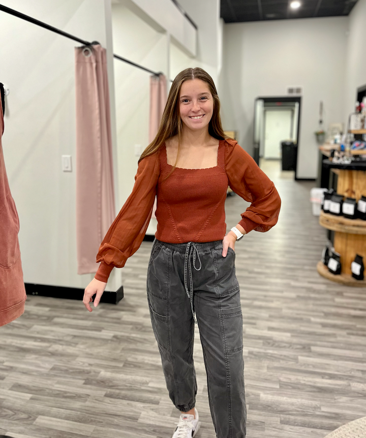 Scallop Neck Chiffon Sleeve Sweater