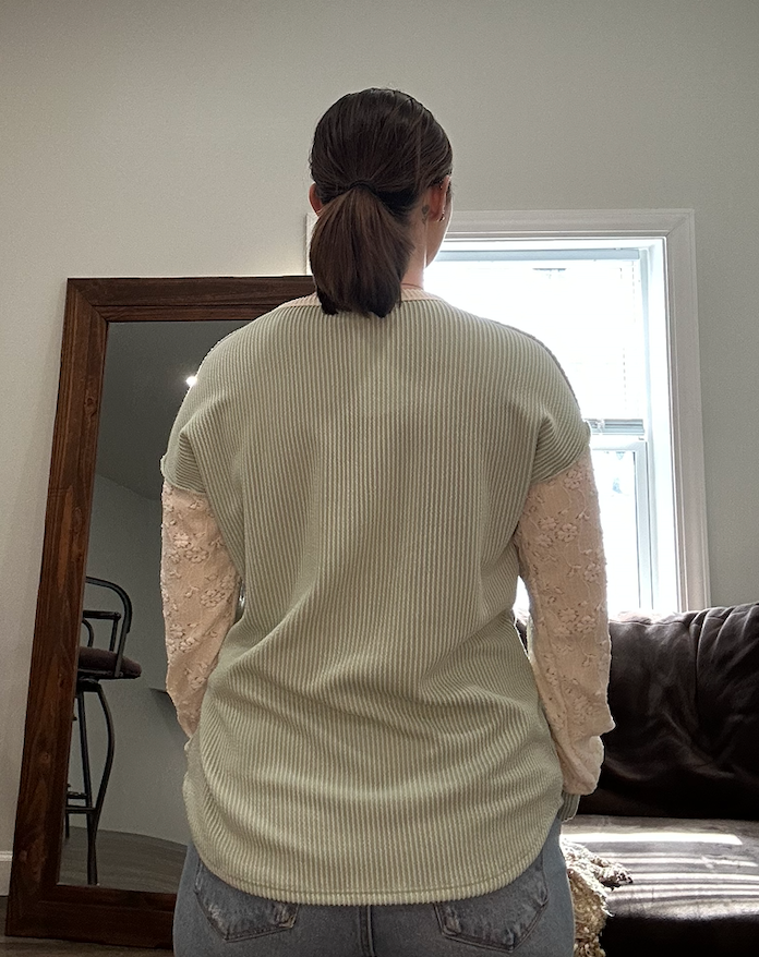 Sage Colorblock Waffle Knit Henley Top with Lace Sleeves