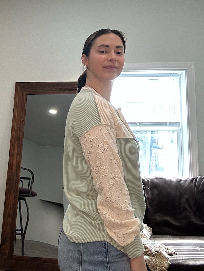 Sage Colorblock Waffle Knit Henley Top with Lace Sleeves