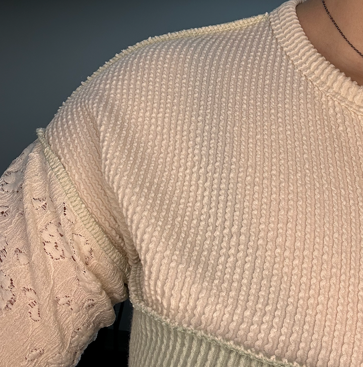 Sage Colorblock Waffle Knit Henley Top with Lace Sleeves