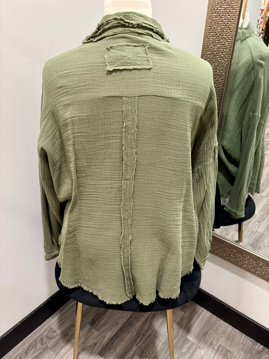 Light Olive Gauze Raw Hem Button Down