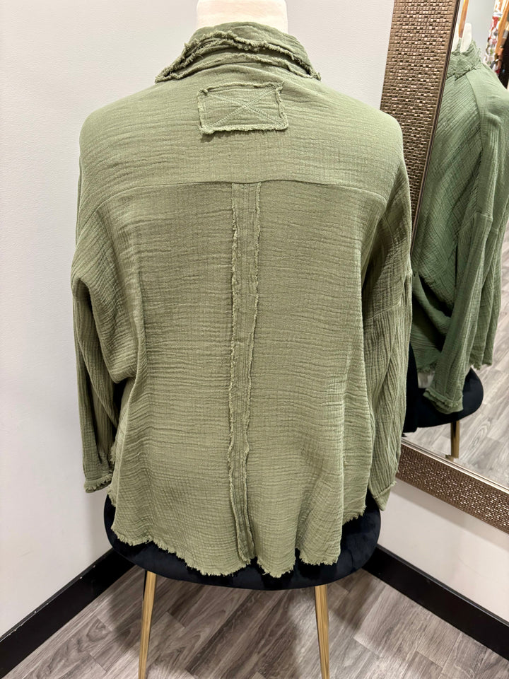 Light Olive Gauze Raw Hem Button Down