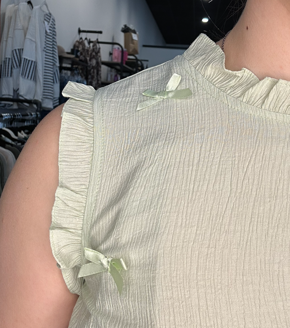 Mint Green Bow Detail Sleeveless Textured Blouse