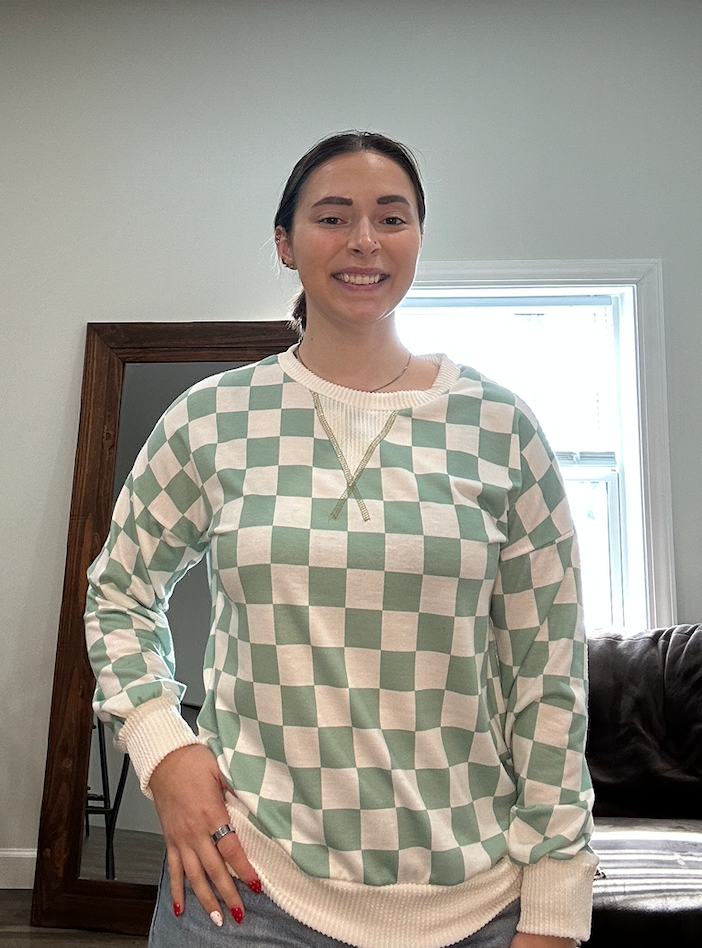 Sage Checkered Long Sleeve Knit Top