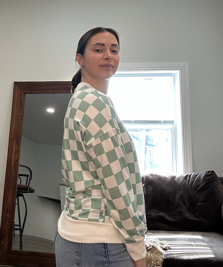 Sage Checkered Long Sleeve Knit Top