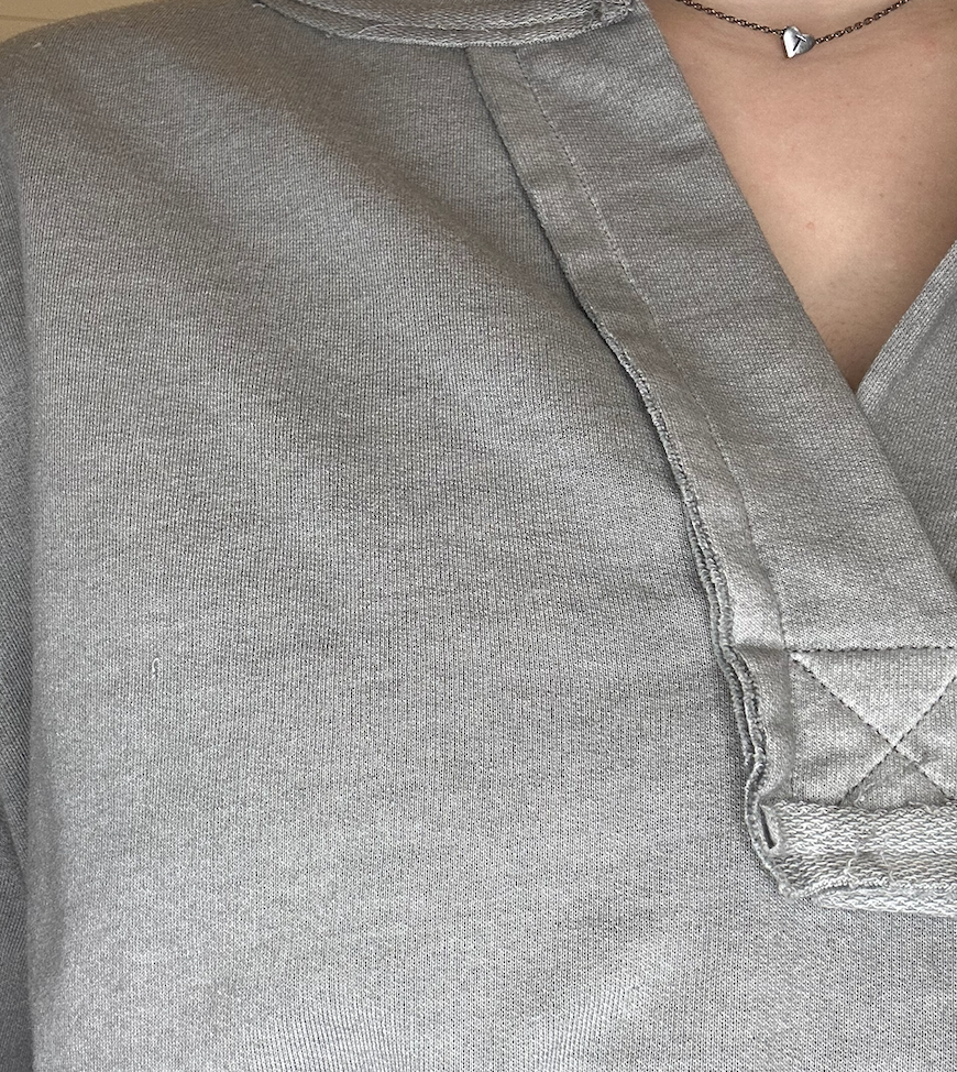 Washed Grey Split Neck Raw Edge Short Sleeve Knit Top