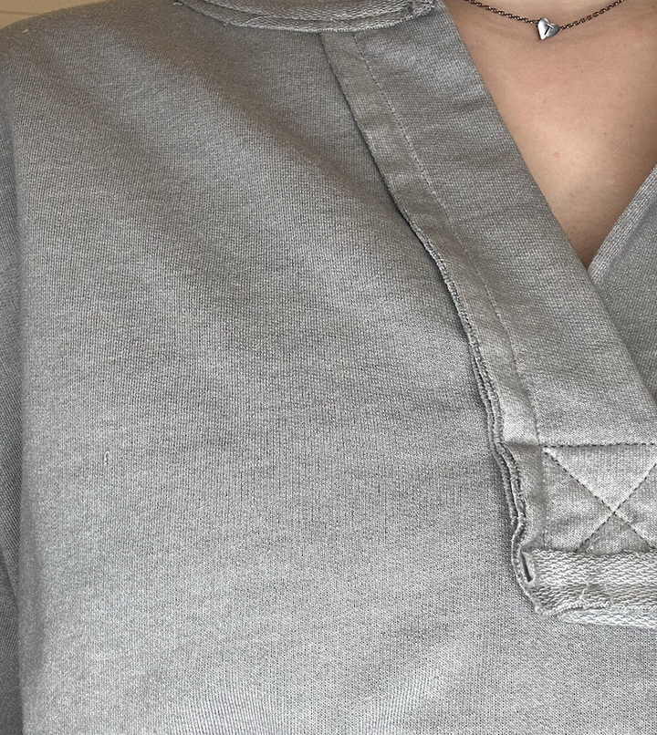 Washed Grey Split Neck Raw Edge Short Sleeve Knit Top
