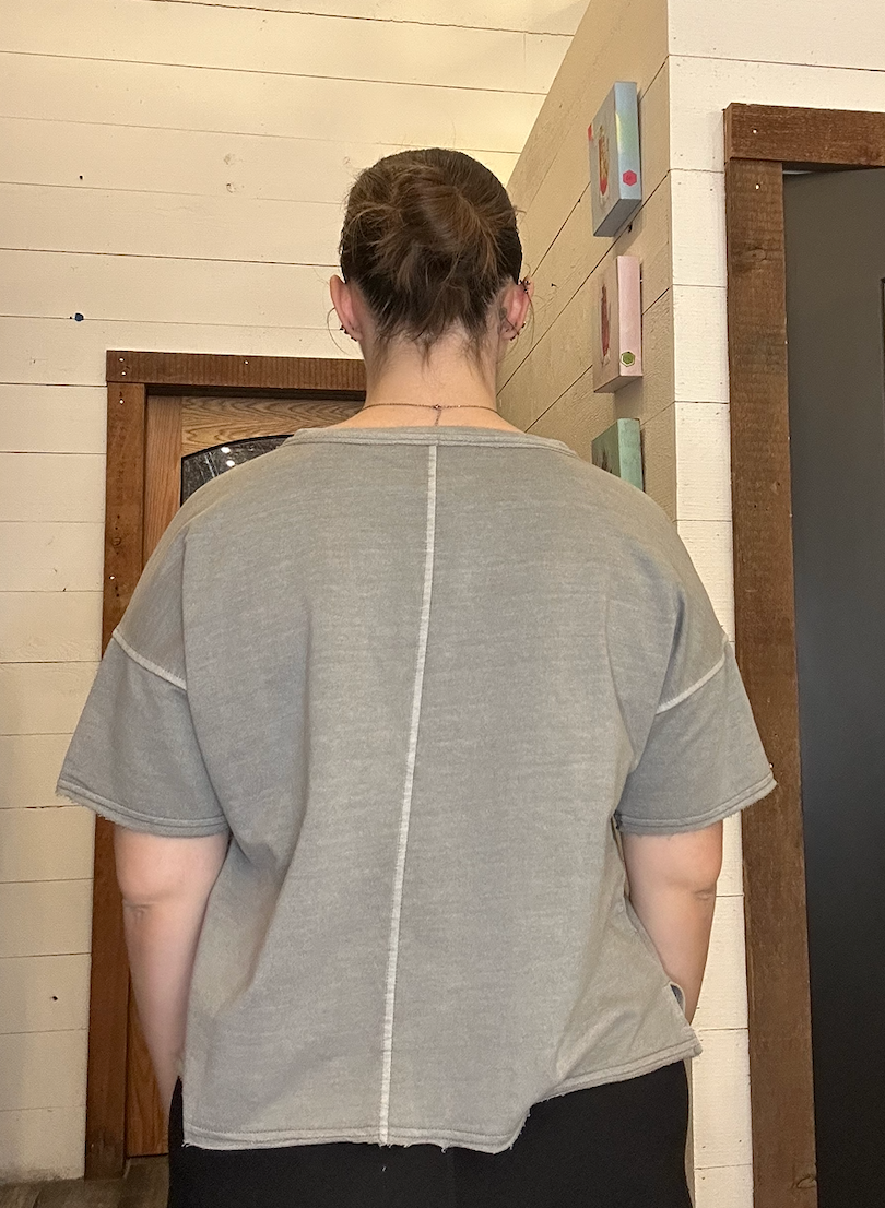 Washed Grey Split Neck Raw Edge Short Sleeve Knit Top