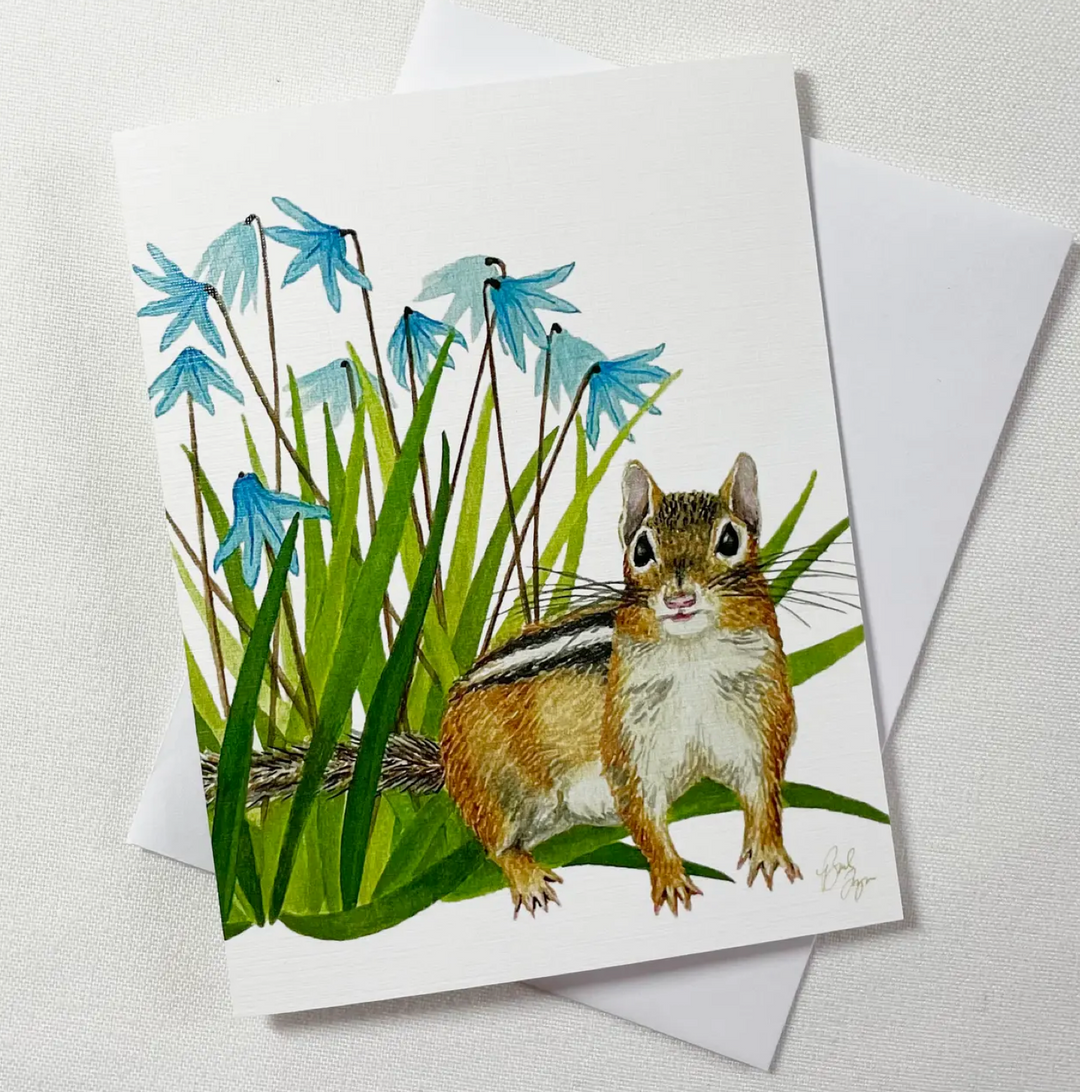 Scilla &amp; Chipmunk Notecard – Spring Woodland Watercolor Greeting Card