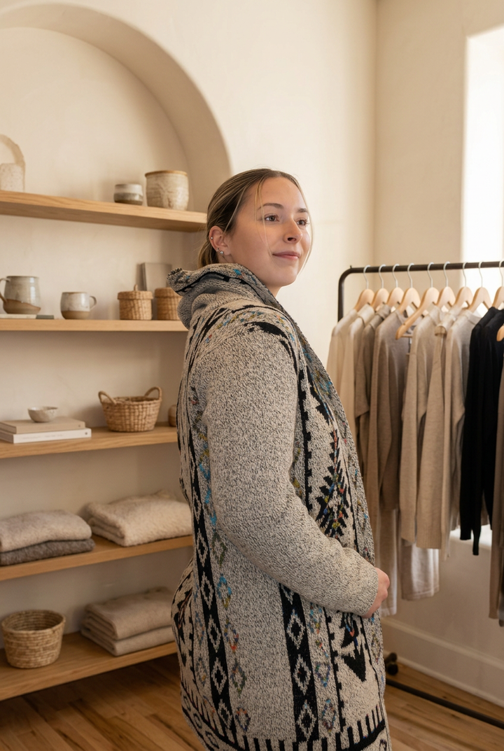 Second cardigan photo with lifestyle boutique background