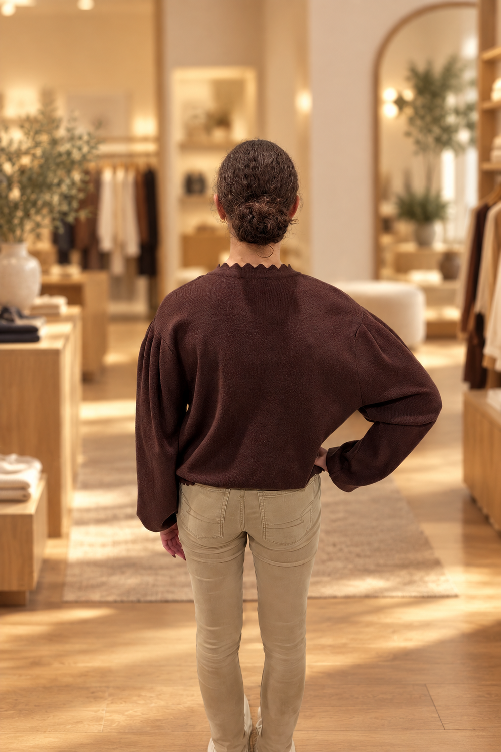 side full-body with boutique background