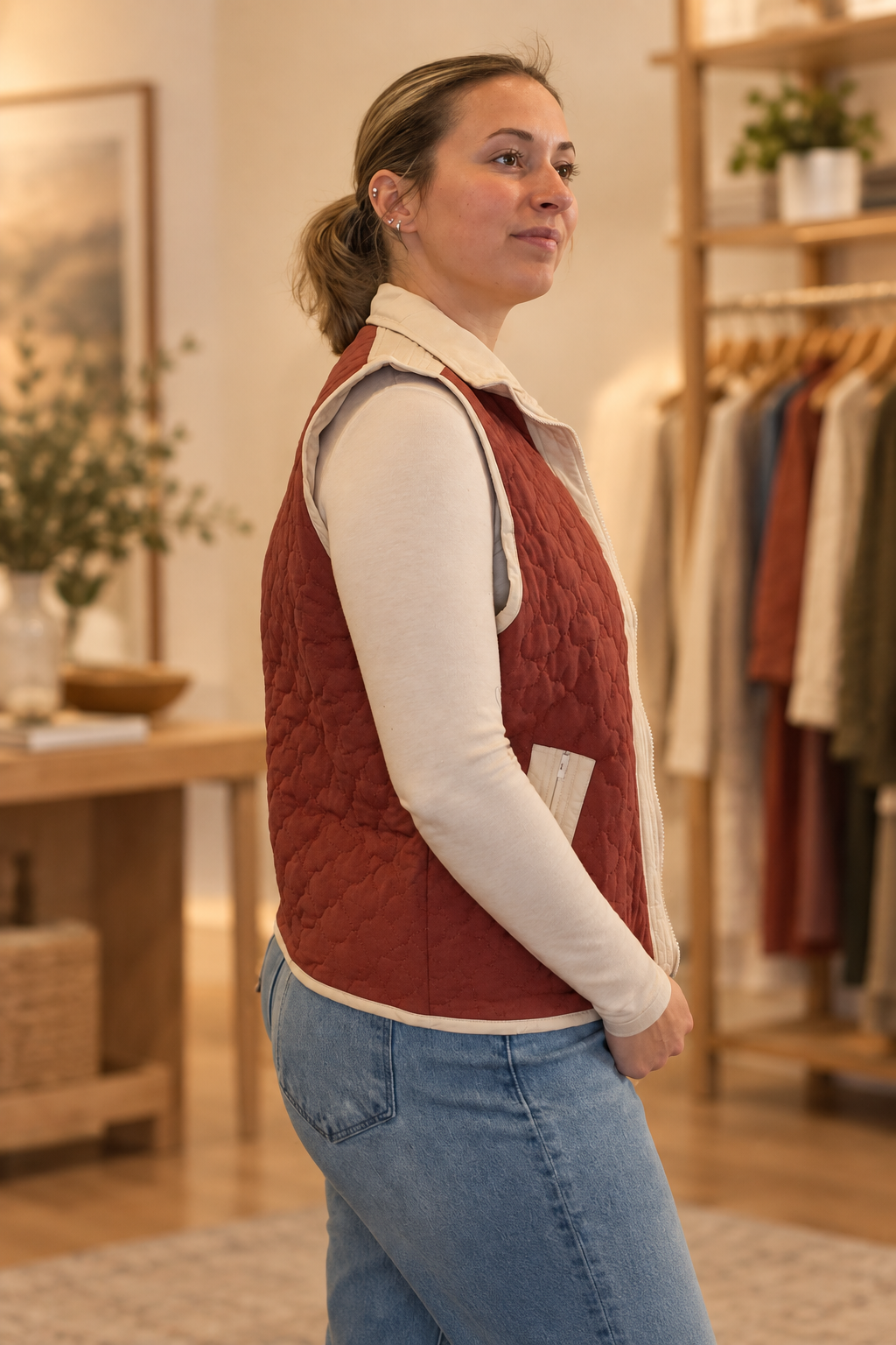 Side view with long sleeves and boutique background