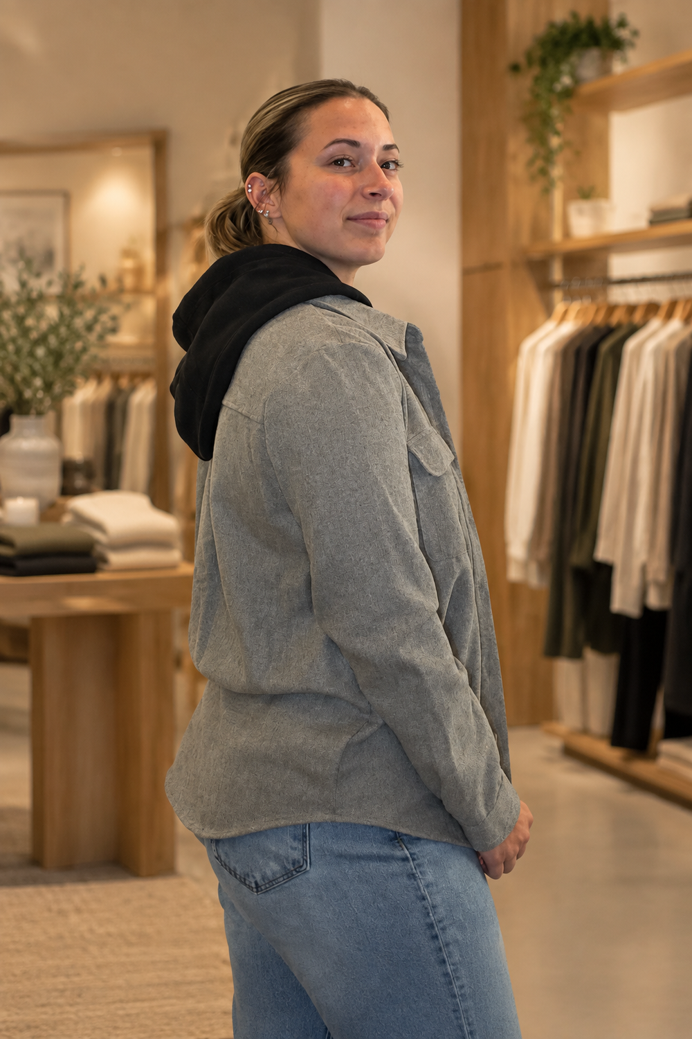 Side view with modern boutique background