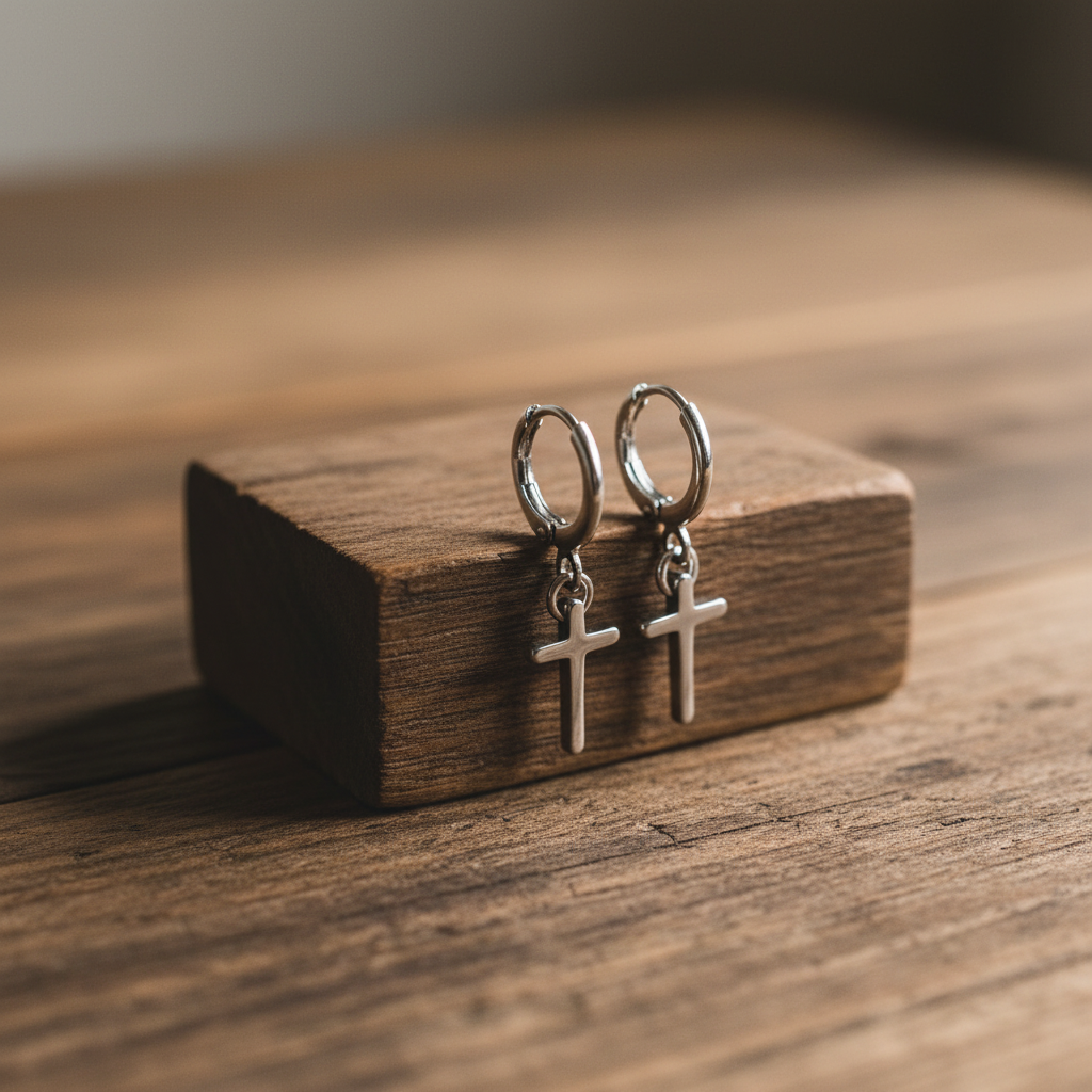 Silver cross huggie earrings propped on a wooden table