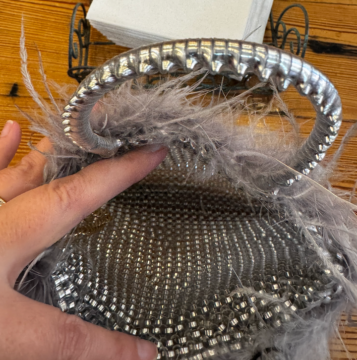 Silver Feather Mini Handbag with Faceted Bead Detail