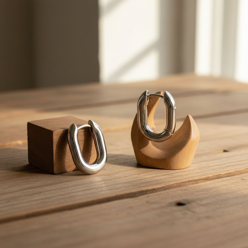 Chunky silver oval hoop earrings propped on a wooden table