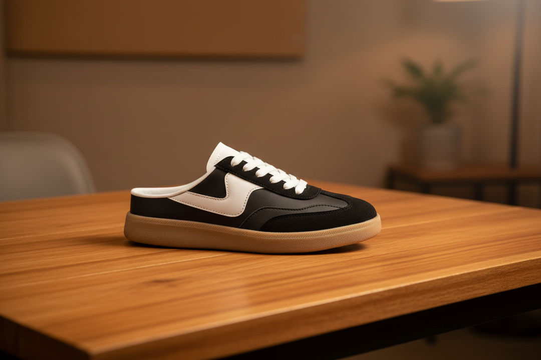 Sneaker on warm wood table