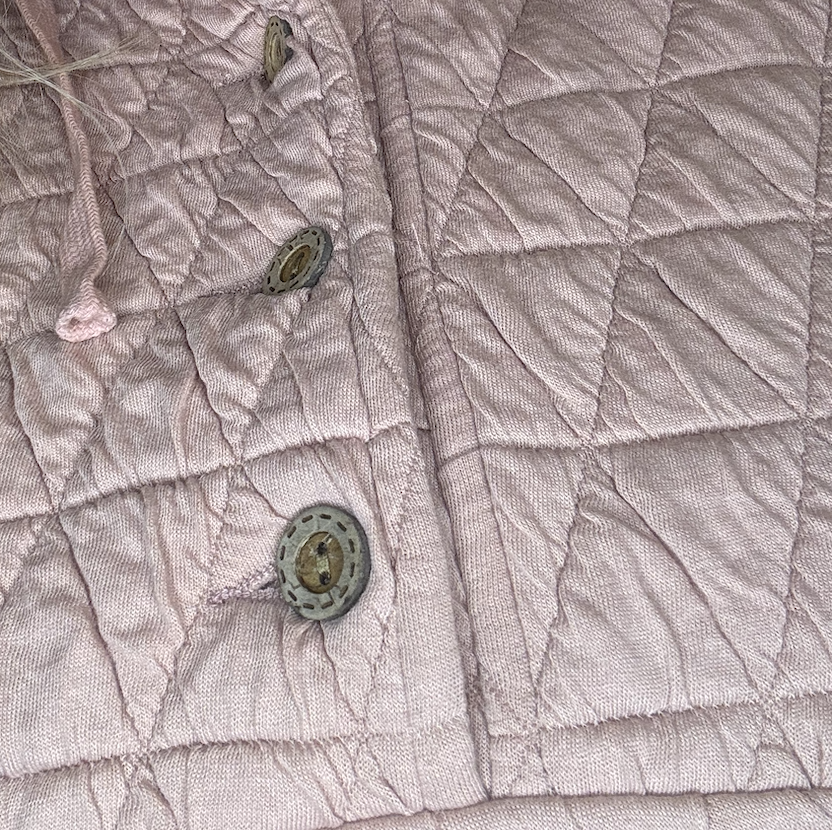 Quiliting Knit Buttoned Hoodie Top With Pocket