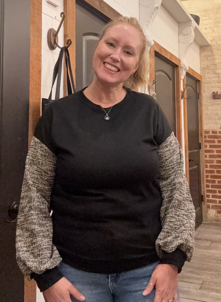 Black Contrast Knit Sleeve Sweatshirt